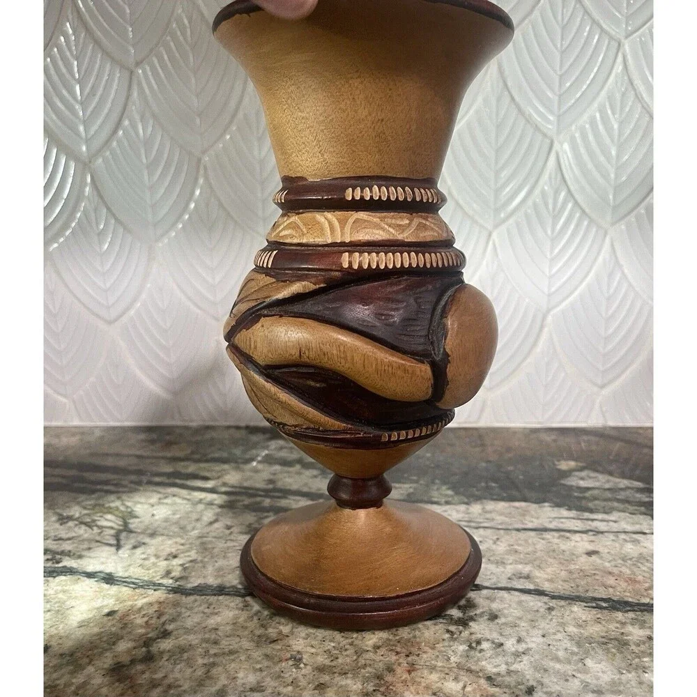 Wood Carved Vase Snake Eating Tail Design